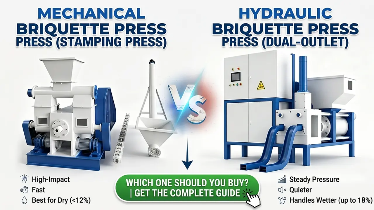 A comprehensive comparison between mechanical stamping press and hydraulic dual-outlet briquette press, highlighting key features like impact force, pressure stability, noise levels, and material moisture requirements to help users choose the right machine.