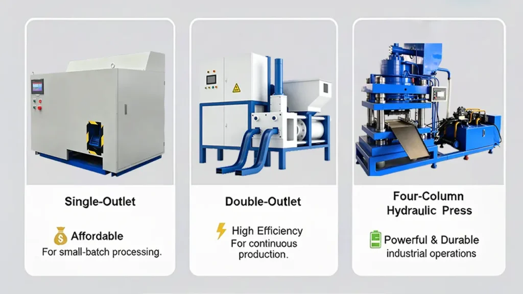 Metal briquette press machine types including single outlet, double outlet and four column hydraulic press for metal scrap recycling