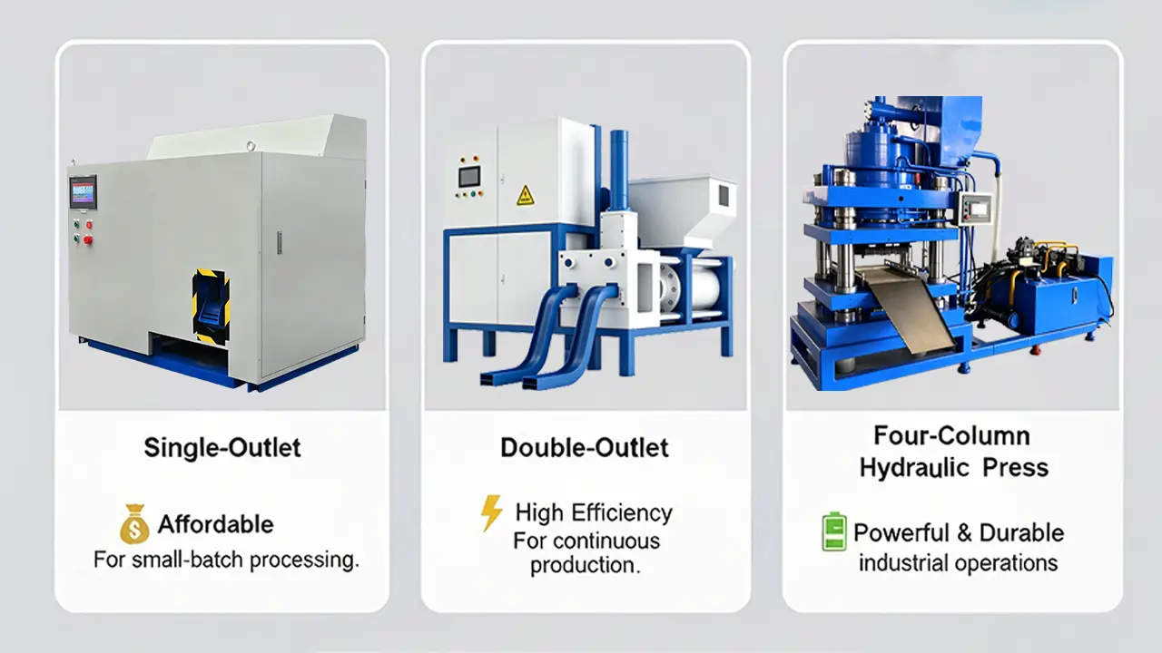 Metal briquette press machine types including single outlet, double outlet and four column hydraulic press for metal scrap recycling