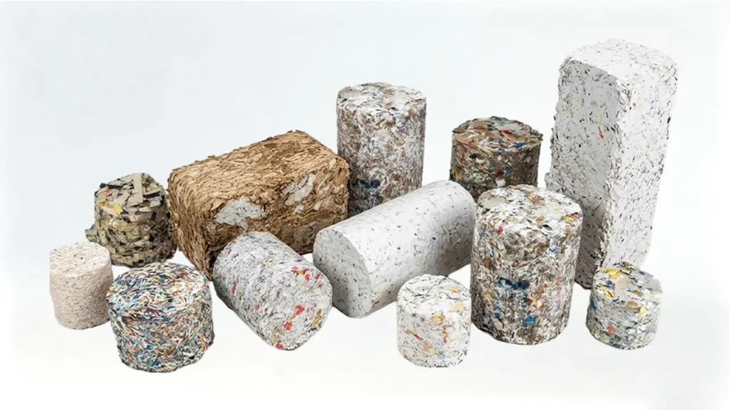 Various shapes of high-density fuel briquettes made from recycled office paper and corrugated cardboard.
