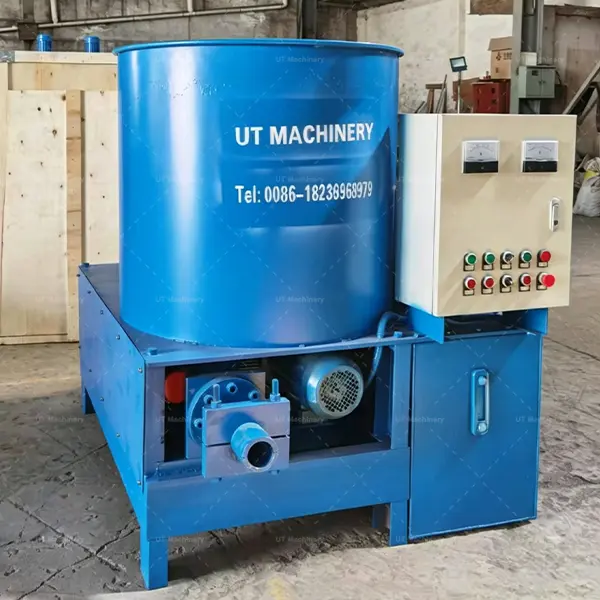 Side view of the industrial UT-100 paper briquetting machine showing the main motor and control panel.