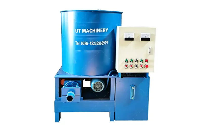 Studio shot of UT-100 cardboard briquette press with control panel on white background.