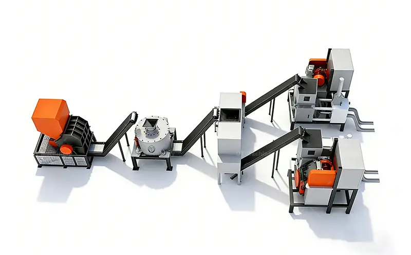 A 3D render illustrating a complete automated copper chip recycling line including conveyor, crusher, and briquette press.