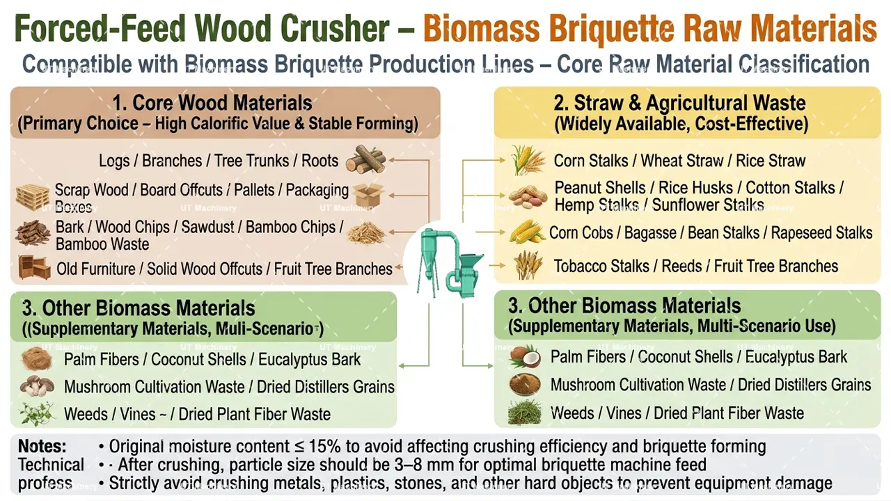 Comprehensive classification chart of biomass raw materials compatible with UT forced-feed wood crusher, including logs, straw, and agricultural waste