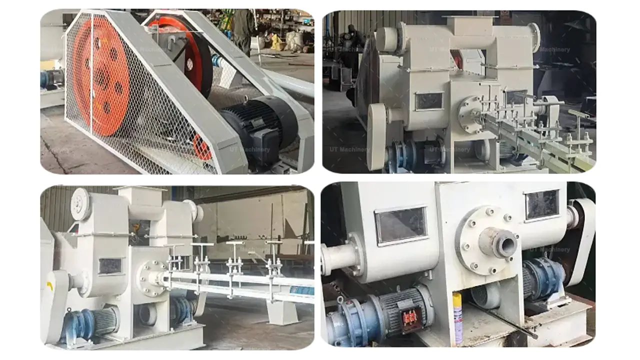 Detailed view of the large flywheel, motor drive system, and high-pressure punching die of a mechanical briquette press.