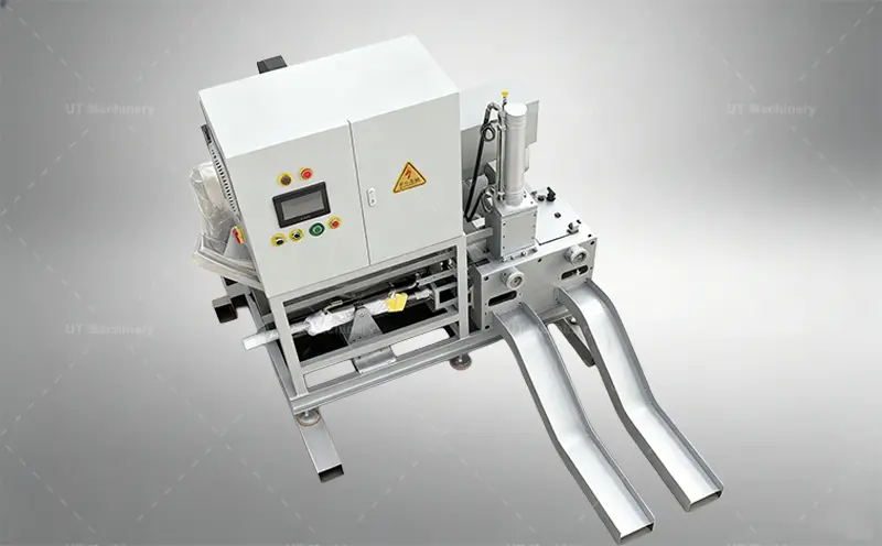 An isometric overhead view of the industrial Dual Outlet Copper Chips Briquette Press machine on a studio background.