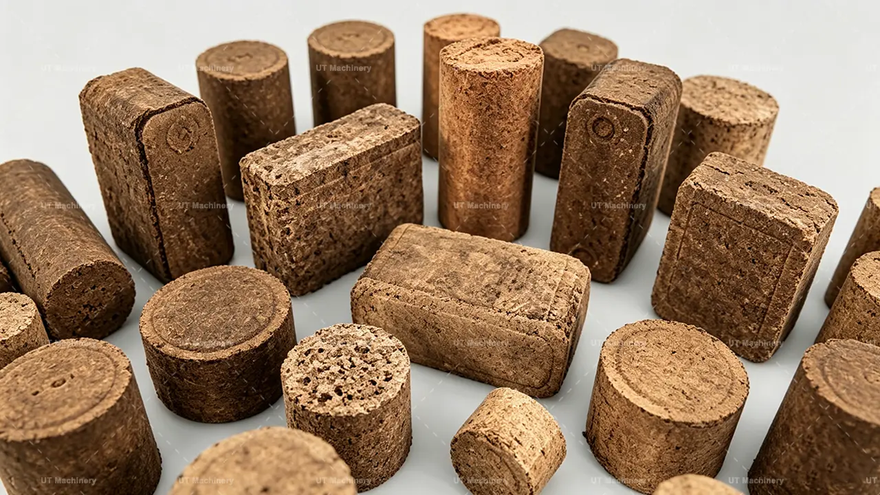 High-density finished biomass briquette samples in various shapes and sizes.