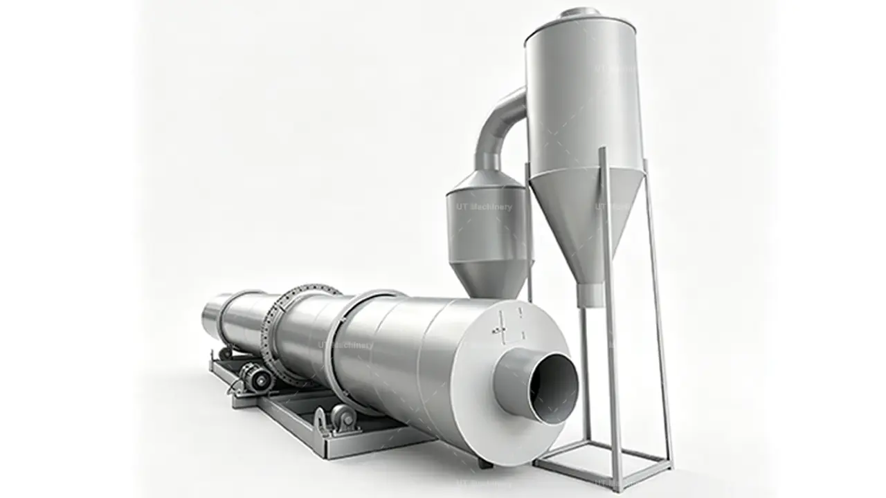 Side view of UT Machinery Rotary Dryer featuring heavy-duty drum and discharge system