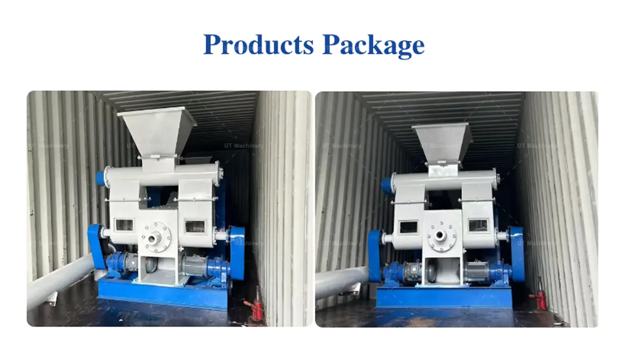 Two views of an industrial mechanical stamping briquette machine securely packed inside a shipping container for global export.