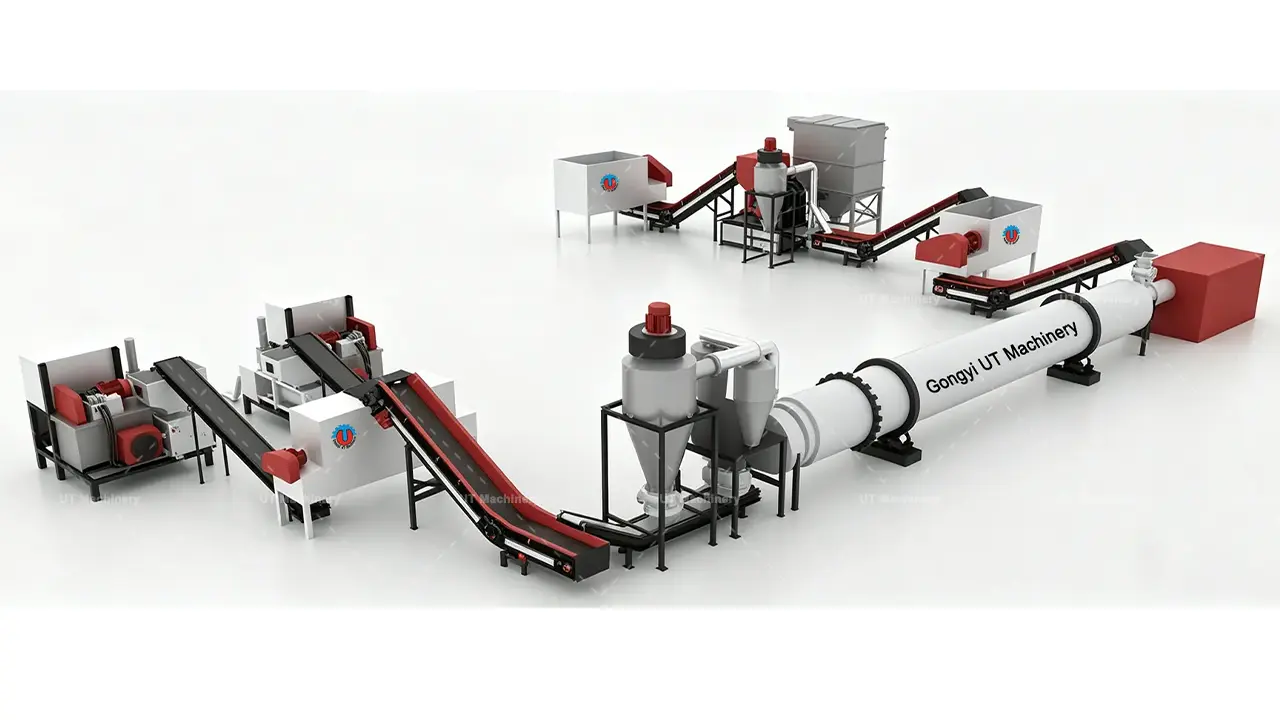 Industrial sawdust briquette plant configuration featuring rotary dryer and briquetting units.