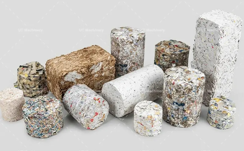 Various samples of high-density briquettes made from different waste types including corrugated paper, cardboard, and white paper.
