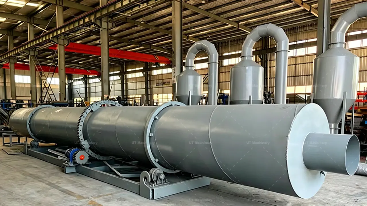 Close-up of the reinforced gear drive and roller system on a UT Machinery Rotary Dryer