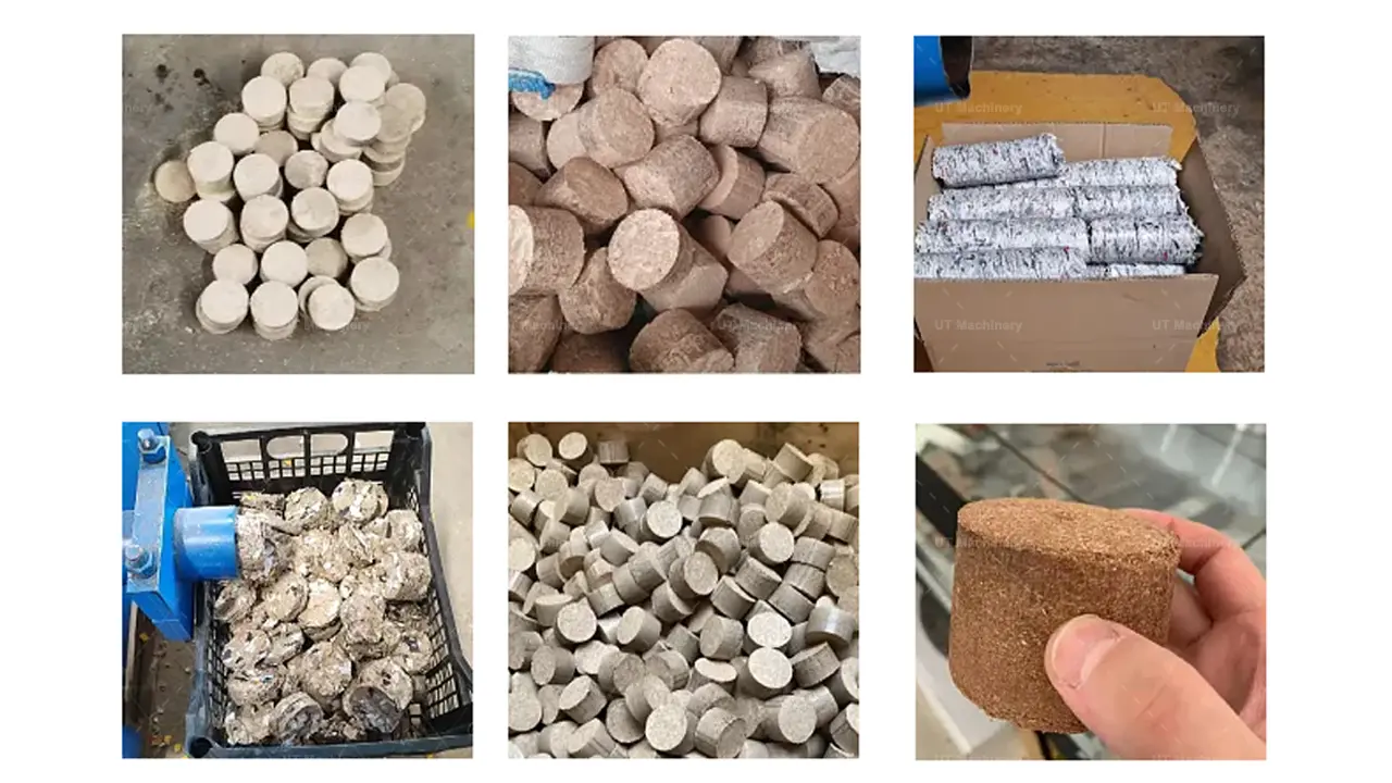 A collection of high-density cylindrical biomass fuel briquettes made from sawdust, agricultural straw, and paper waste.