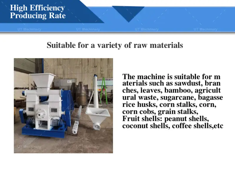 Biomass stamping press suitable for various raw materials including sawdust, rice husks, corn stalks, and peanut shells.
