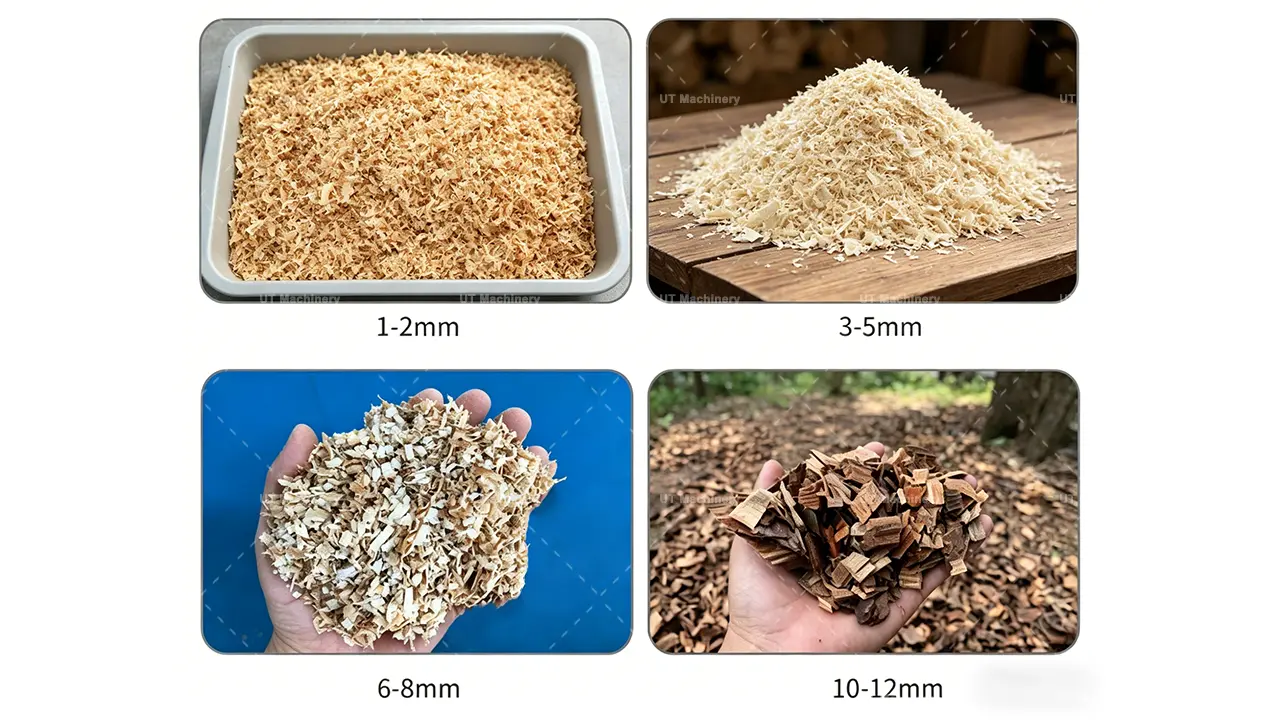Comparison of sawdust particle sizes produced by UT wood crusher: 1-2mm, 3-5mm, 6-8mm, and 10-12mm