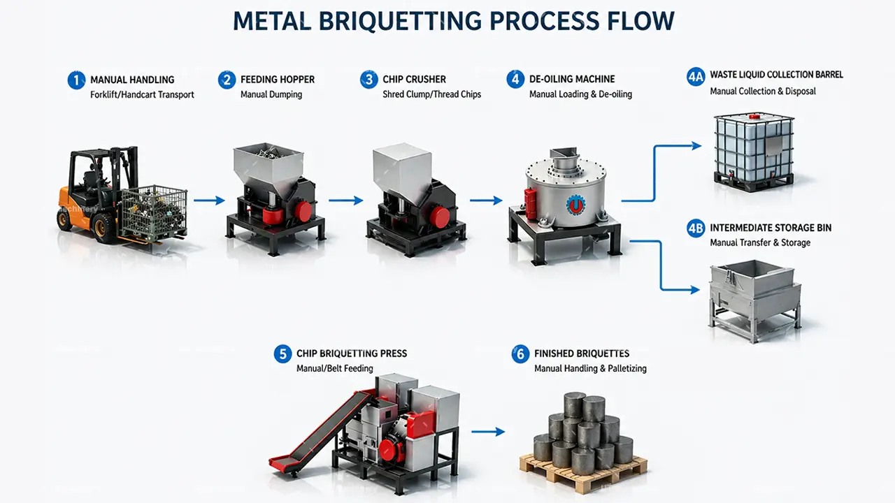 A step-by-step diagram of the UT Machinery metal briquetting process flow, from manual handling to finished briquettes.