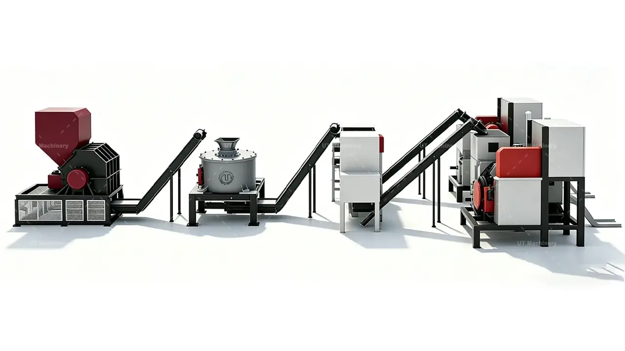 Full automatic metal briquetting press line for oily swarf recovery by UT Machinery, side view diagram.