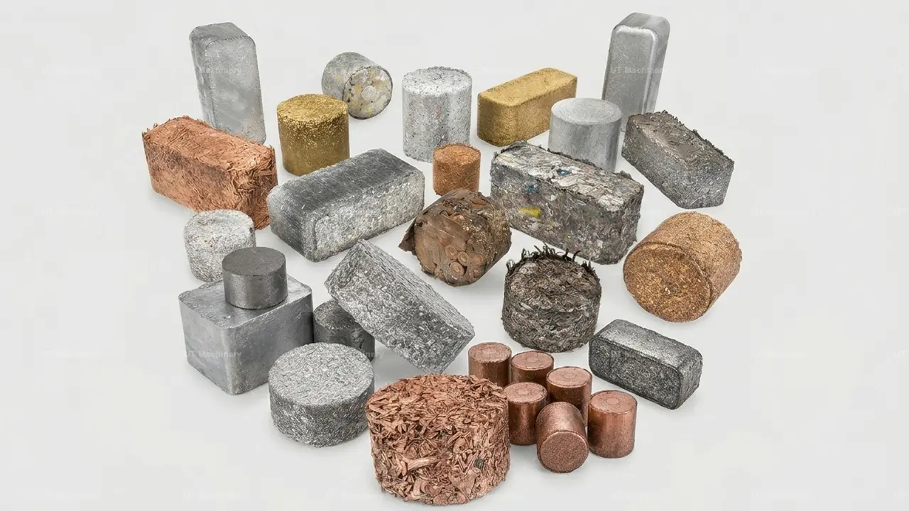 A collection of high-density metal briquettes (aluminum, steel, copper) produced by a hydraulic briquetting press, showcase products.