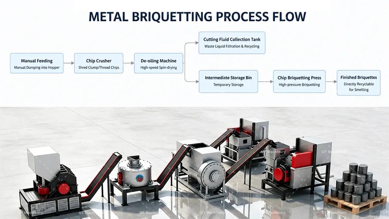 Perspective view of UT Machinery metal briquetting system with labelled components: Chip Crusher, De-oiling Machine, and Briquetting Press.