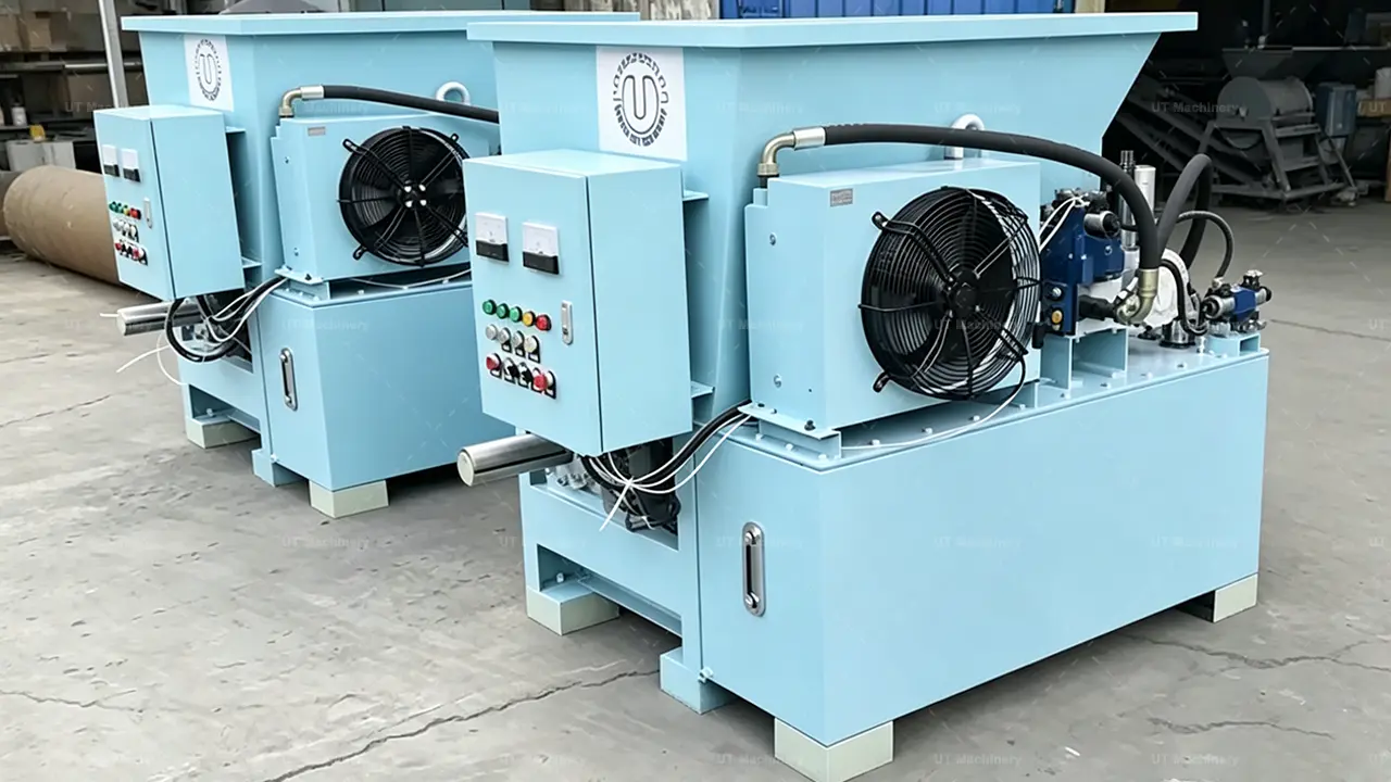 Rear view of the biomass briquette press showing the industrial cooling fan and hydraulic motor assembly.