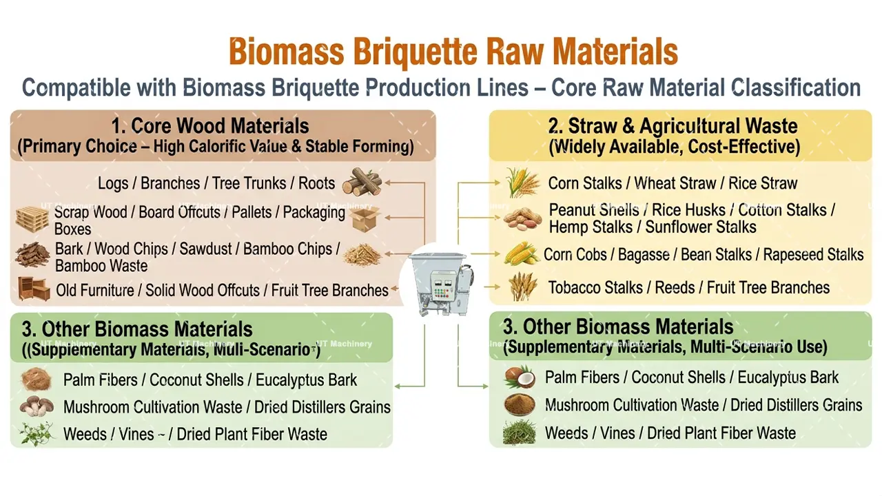 Chart showing compatible biomass raw materials including wood waste, rice husks, and agricultural stalks.