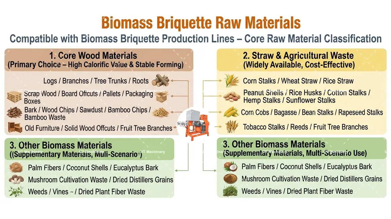 Classification of biomass briquette raw materials including wood, straw, and agricultural waste.