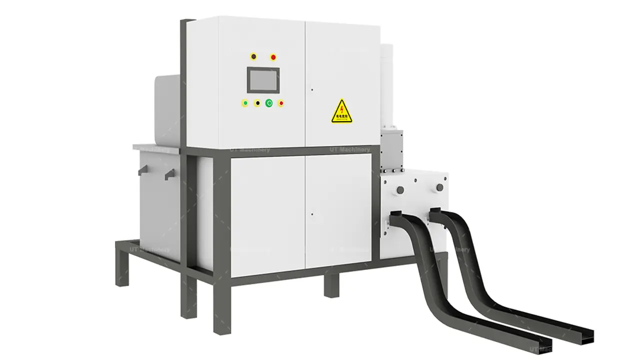 Side view of a high-efficiency dual-outlet hydraulic wood briquetting machine featuring an advanced control panel and robust frame for industrial biomass processing.