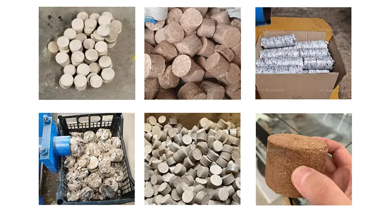 Samples of 50mm high-density solid briquettes and fuel logs produced by a piston stamping press.