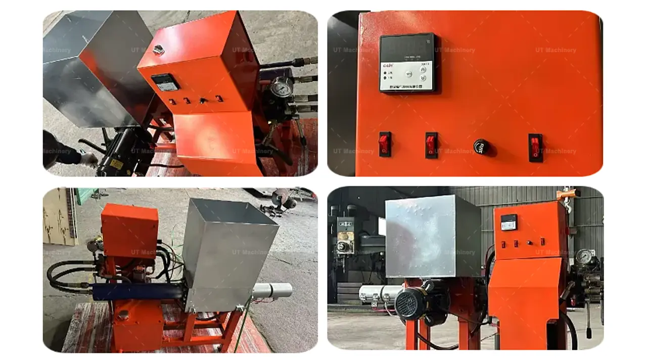 Detailed components of the briquette press including the electric control panel, hydraulic ram, and hopper.