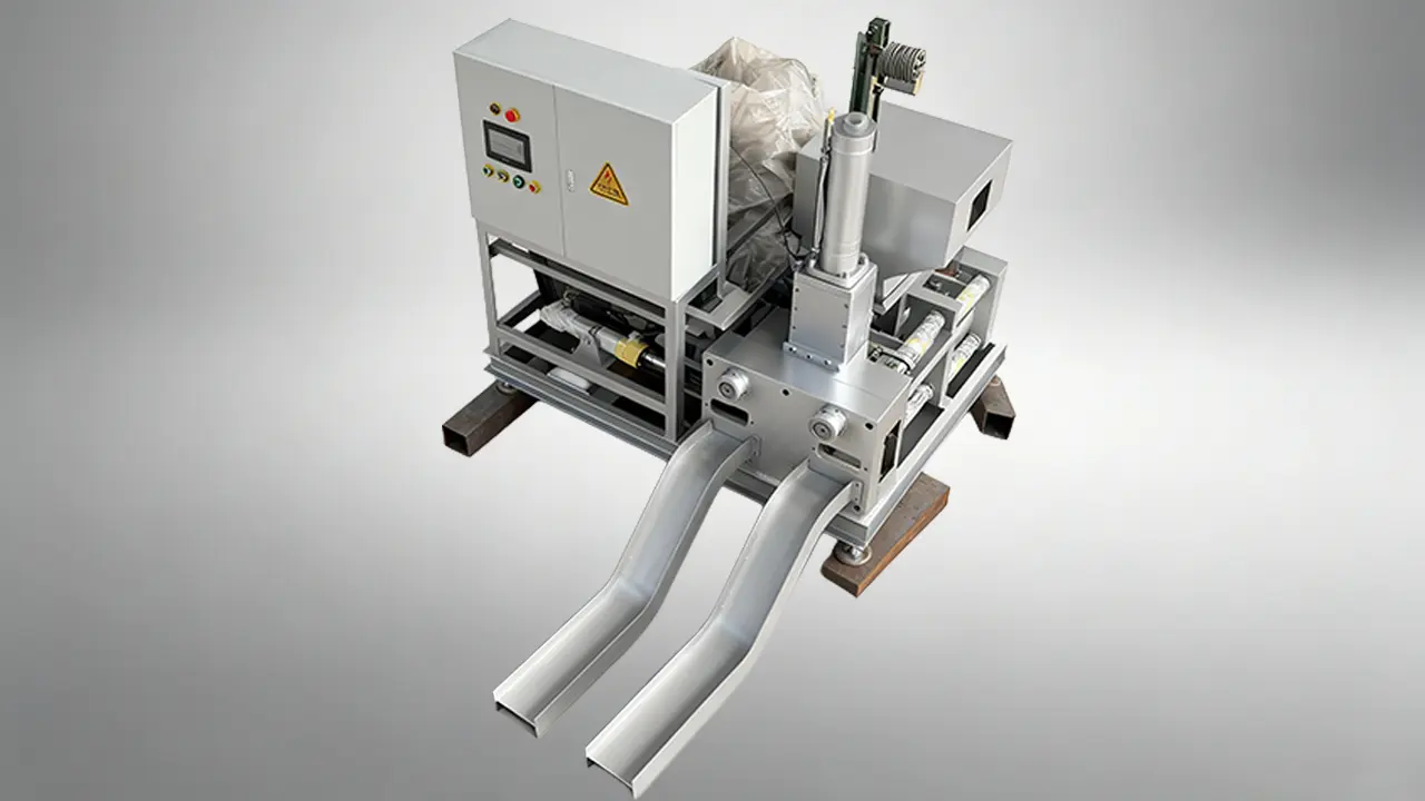 Industrial hydraulic metal powder briquetting machine with dual-outlet design, capable of reaching up to 400 MPa pressure for binder-free cold welding.