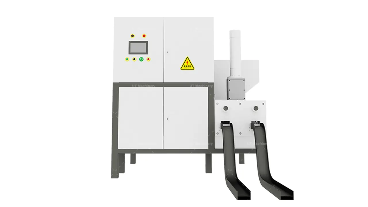Front view of a commercial-grade hydraulic wood briquette press with two discharge chutes to double the production output of fuel briquettes.