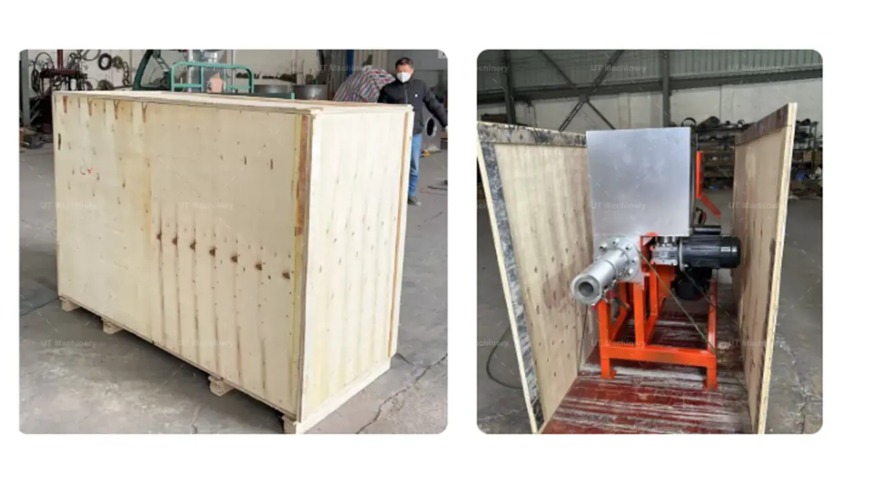 UT Machinery piston stamping briquette machine packed in a durable wooden crate for international export.