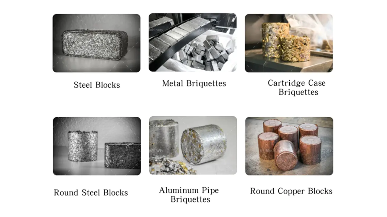 Collection of recycled high-value briquettes including steel blocks, metal briquettes, cartridge cases, and round copper blocks made from industrial residues and metallurgical slag.