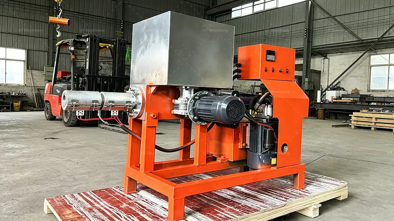 Industrial sawdust briquette machine ready for shipment in the UT Machinery factory workshop.