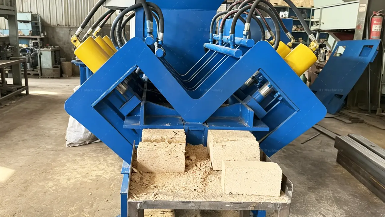 Synchronized production of two uniform wood bricks per stroke