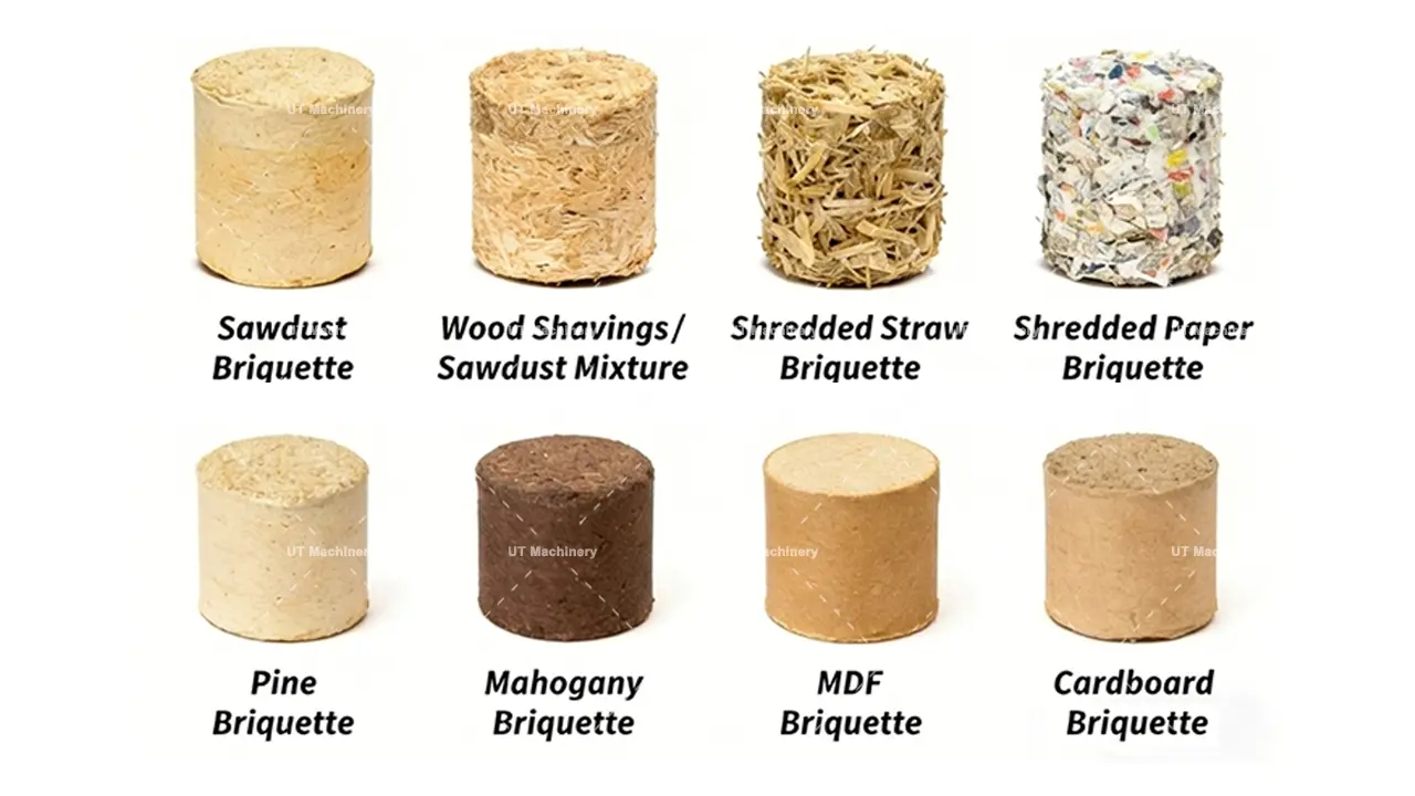 Comparison of biomass fuel logs including sawdust, wood shavings, straw, paper, and cardboard briquettes.