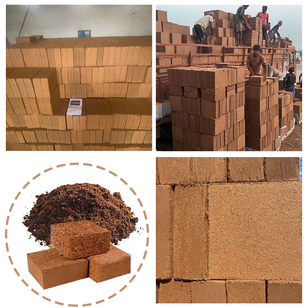 High-density 5kg coco peat export blocks stacked uniform coir pith briquettes for commercial horticultural suppliers