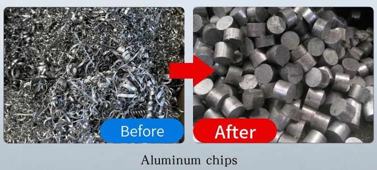 Before and after comparison of loose aluminum chips compressed into high-density briquettes.