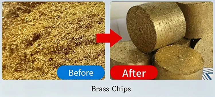 Before and after comparison of loose brass chips cold-pressed into dense, high-value cylinders.