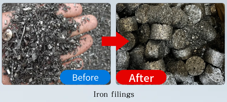 Before and after comparison of abrasive cast iron borings and filings pressed into solid blocks.