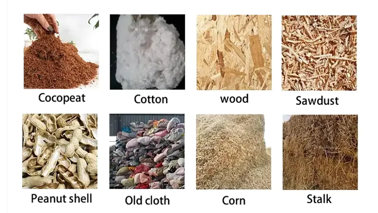 Suitable raw materials for UT briquetting press including loose cocopeat, coir pith, sawdust, wood chips, and peanut shell