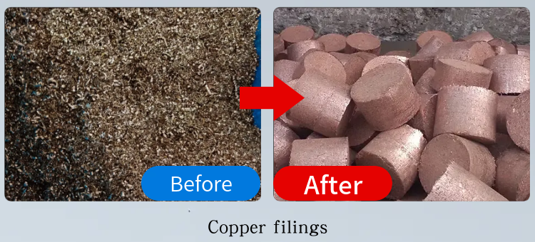 Before and after comparison of loose copper filings cold-pressed into dense briquettes.