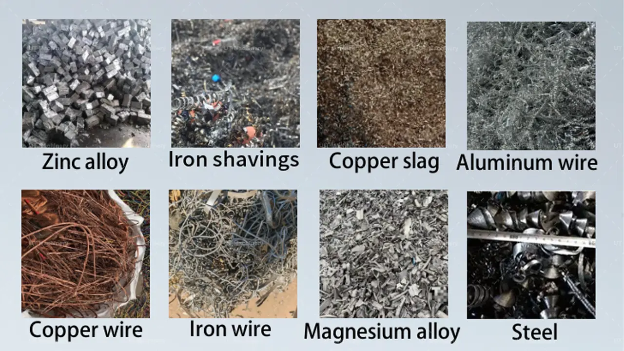 Different types of industrial metal machining waste scraps including steel turnings, iron shavings, copper wire, and zinc alloy chips.