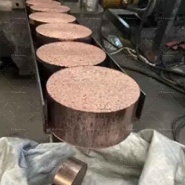 High-density circular brass chips briquettes neatly arranged on the discharging conveyor rail of a briquetting press.