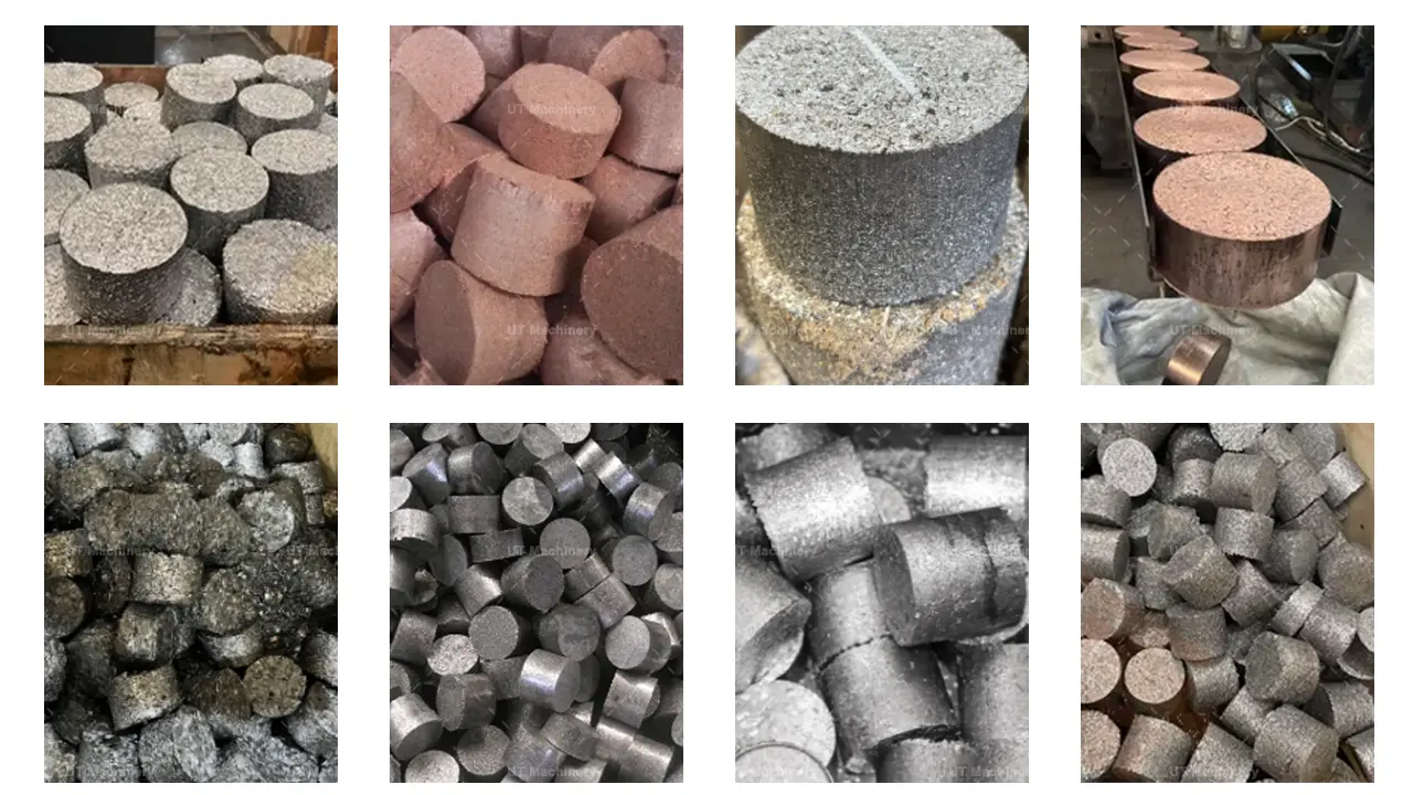 Various high-density metal scrap briquette samples including cold-pressed steel, cast iron, copper, and aluminum cylindrical blocks.