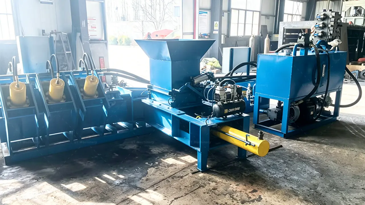 UT Machinery hydraulic coco peat block machine with automatic feeding hopper and air compressor in factory workshop