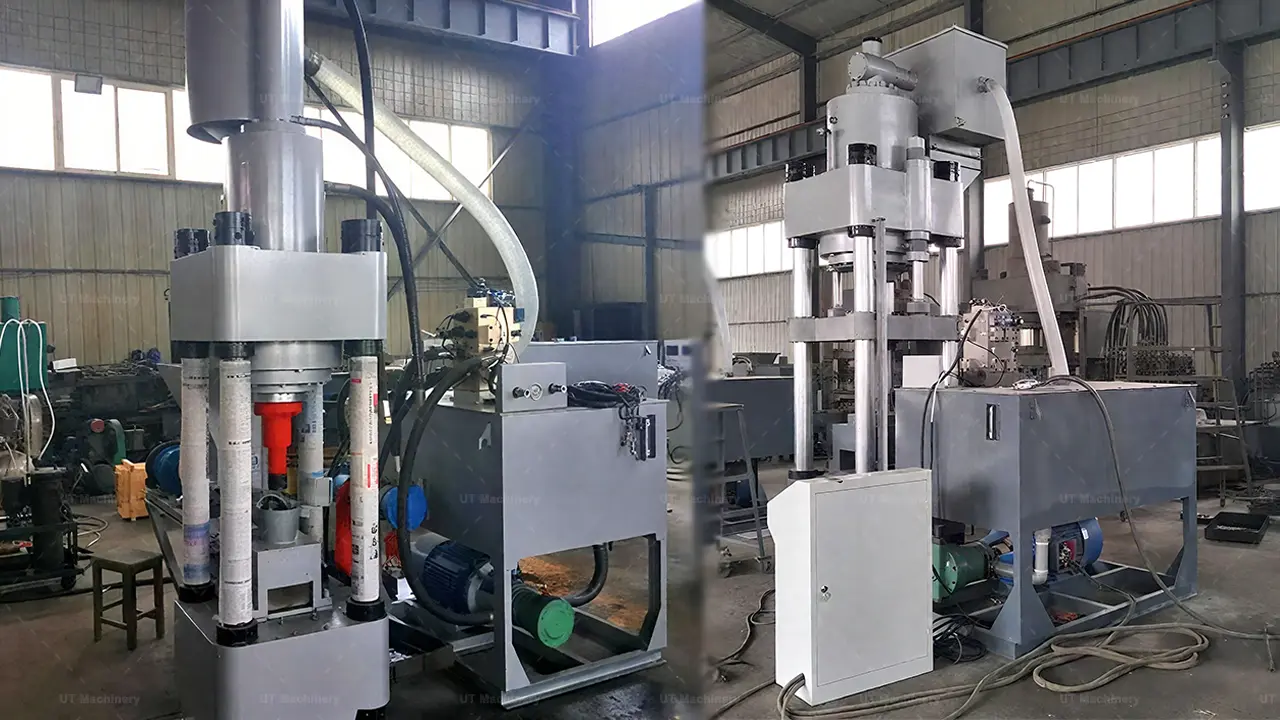 Heavy-duty hydraulic vertical brass briquetting press system integrated with an independent oil station and coolant drainage setup.