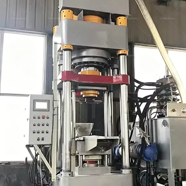 Industrial grade vertical brass chips briquette maker showing heavy-duty hydraulic pillars and robust structural frame.