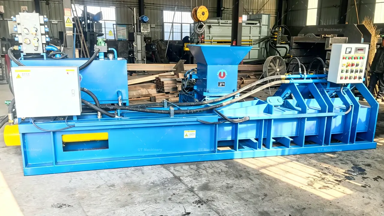 Continuous industrial coco peat block production equipment showing integrated dual PLC touch screen control boxes