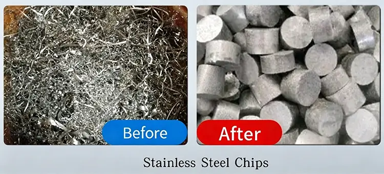 Before and after view of hard, tangled stainless steel shavings compressed into uniform briquettes.